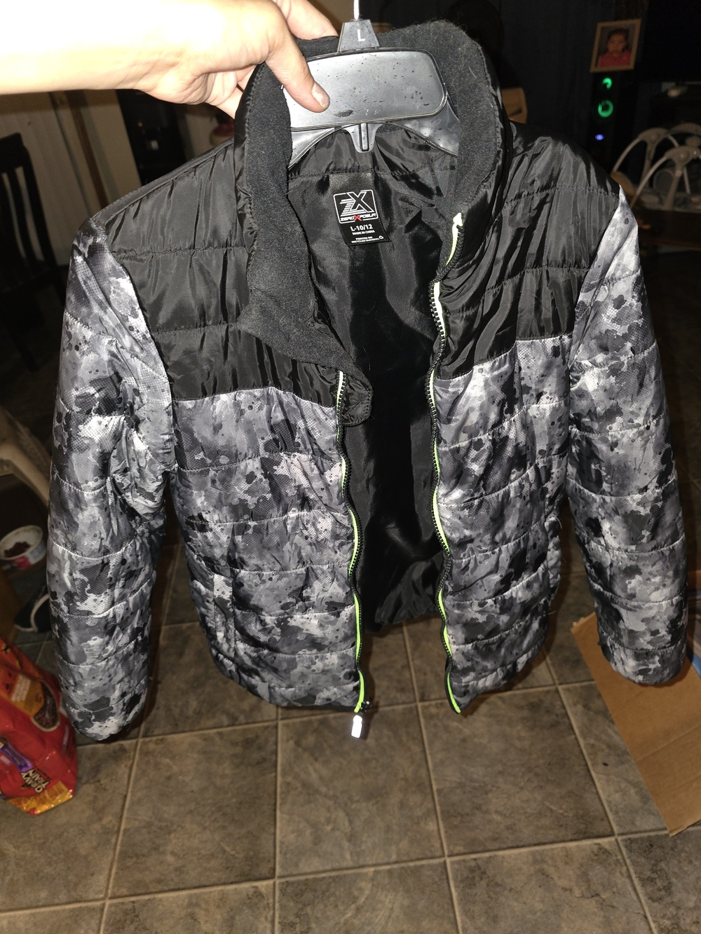 X2 Boys' Black & Gray Camo Puffer Jacket with Lime Zipper